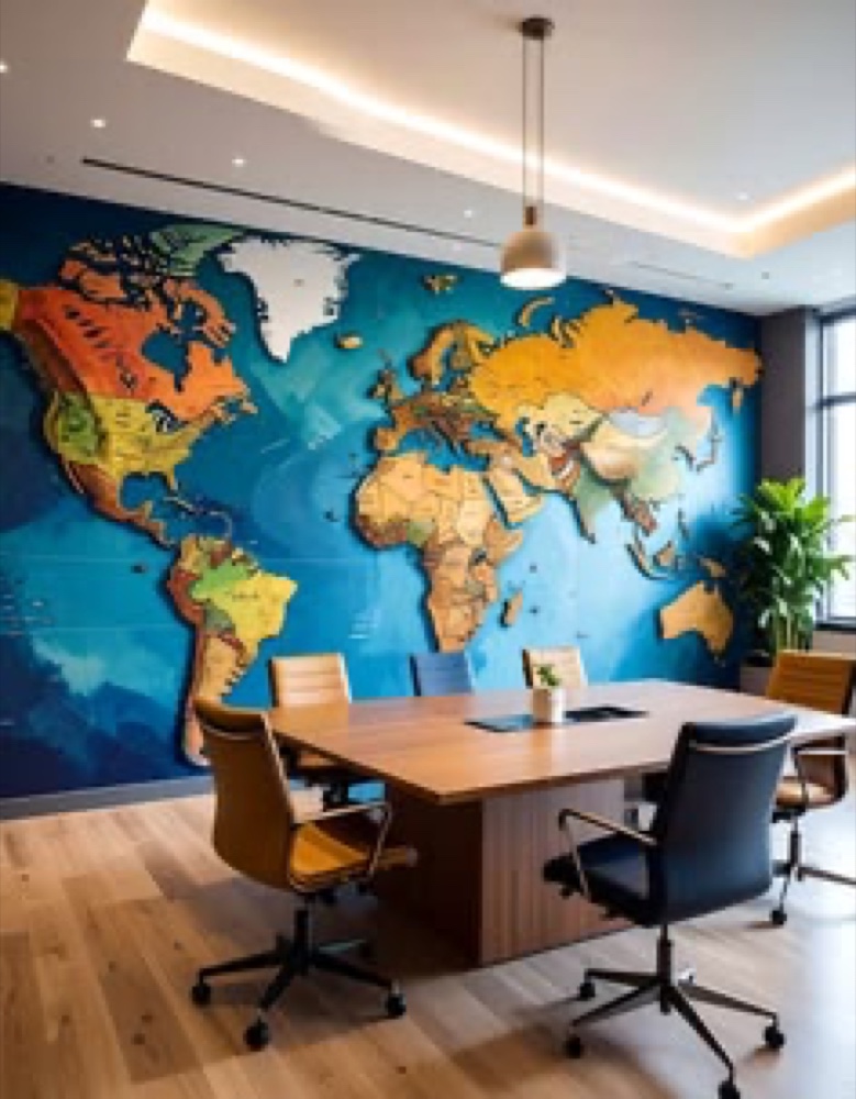 A world-map mural in a modern boardroom